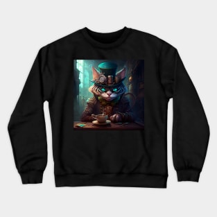 Steampunk Cheshire Cat & Coffee Retro Alice in Wonderland Crewneck Sweatshirt